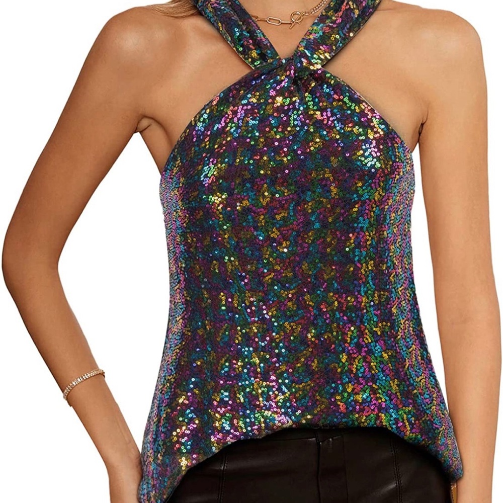 NWT GRACE KARIN Women's Sequin Sparkle Tank Tops Halter 2XL
